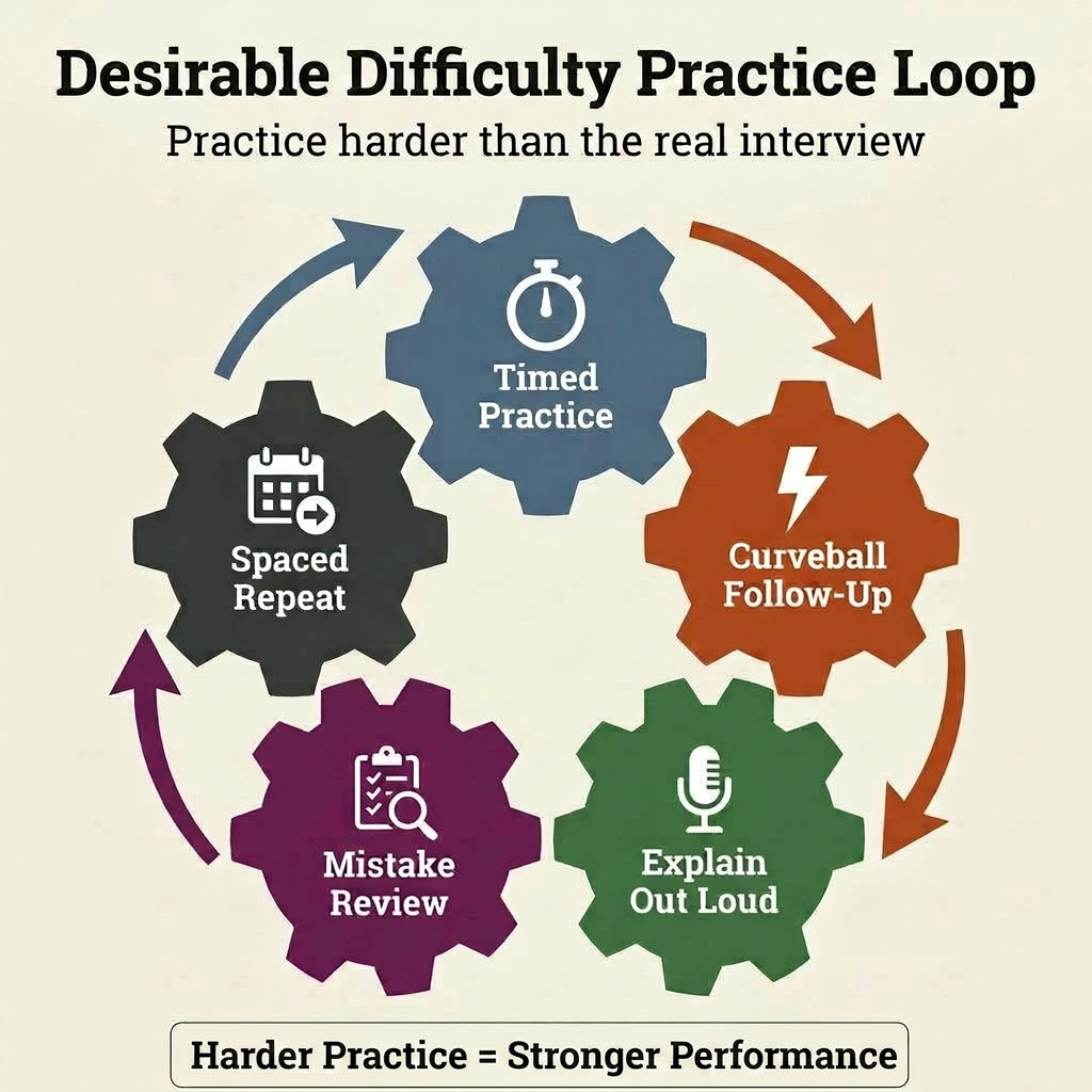 Desirable difficulty practice loop for interview training